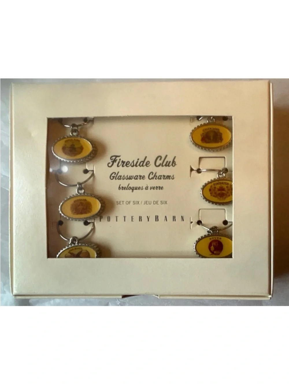 *NEW* VTG Pottery Barn FIRESIDE CLUB  cocktail picks & Glass charms Set Barware